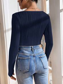 SHEIN Essnce Women'S Textured Fabric Bodysuit With Scoop Neckline - Navy Blue - View 2