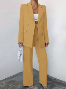 EURMUSE Women's Solid Color Blazer And Long Pants Suit - Beige - View 5