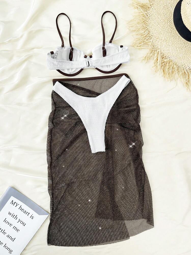 Color Block Bikini Set With Border And Steel Bracket And Spaghetti Strap, 3pcs/Set Summer Beach