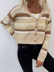 SHEIN LUNE Sọc Thả vai Nút phía trước Áo len Mở - Màu Khaki - Xem 1