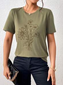 SHEIN LUNE 花卉圖案短袖t卹 - 軍綠色 - 查看 4
