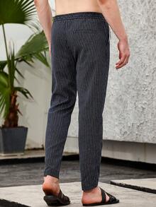 Pantalones A Rayas Con Cintura Con Cordón Para Hombre - azul real - Ver 2