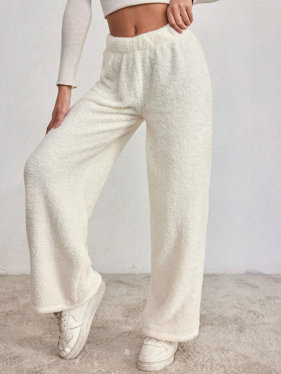 EURMUSE Solid Flannel Wide Leg Pants - White - View 1