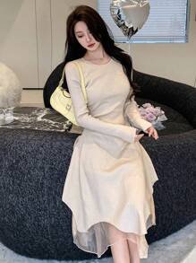 DAZY 女用不對稱下擺修身毛衣洋裝 - 杏色 - 查看 7
