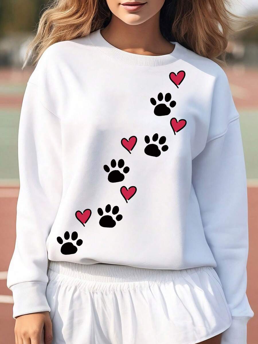 SHEIN LUNE Của phụ nữ In nét mỏng & Tim In Lông cừu Áo nỉ - trắng - Xem 1