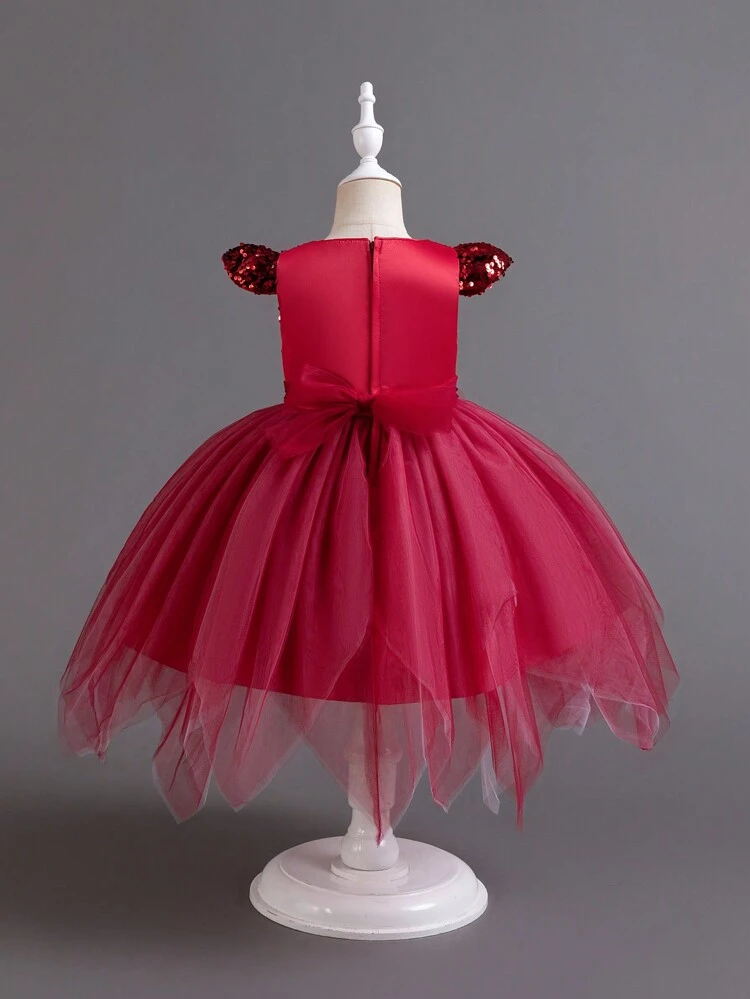 Young Girl Cap Sleeve Sequin Mesh Party Dress With Asymmetrical Hem