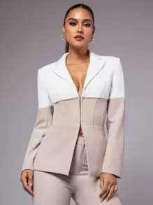 SHEIN BAE Two-tone Hook-and-eye Closure Blazer With Lapel Collar - Khaki - View 2