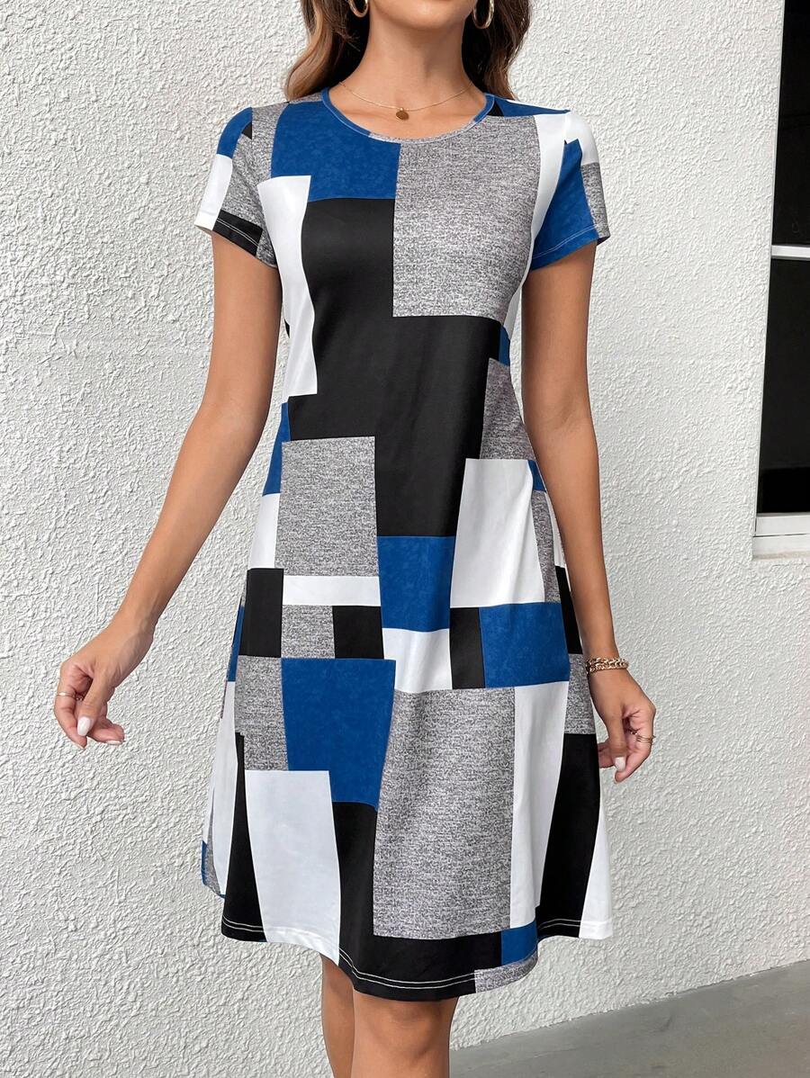 EMERY ROSE 女士夏季短袖色塊圓領裙 - 彩色 - 查看 1