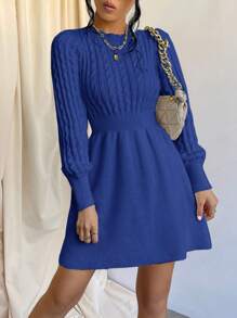 Cloudara Solid Color Cable Knit Sweater Dress - Blue - View 3