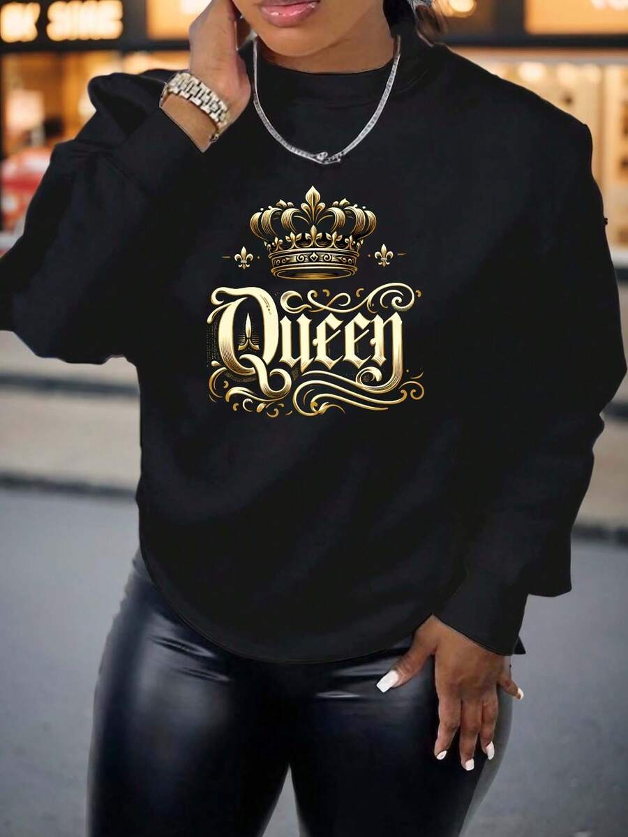 INAWLY Women's Crown Pattern Loose Fit Round Neck Sweatshirt - Black - View 1