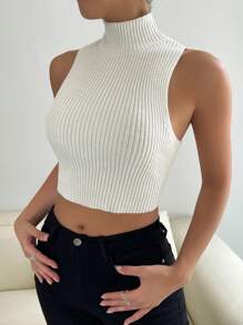 Chiquease Top tejido corto de cuello cisne de canalé