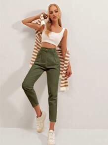 Cloudara Pantalones Cortos Plegados Y Plisados De Color Sólido - Caqui - Ver 3