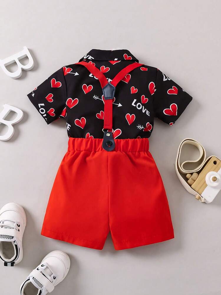 Baby Boy Heart Printed Short Sleeve Shirt + Casual Suspender Shorts Set Perfect For Birthday Party, Evening Occasions, Wedding, Christening, First Birthday Celebration, Etc.