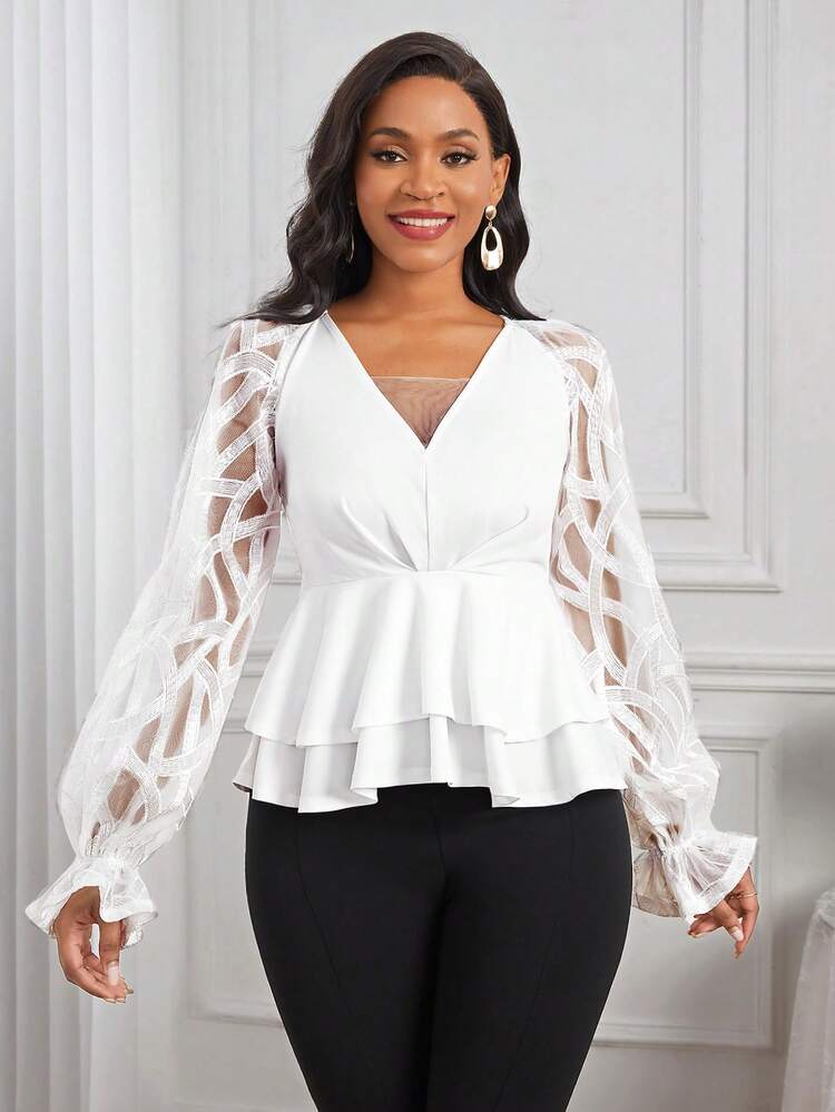 Women's Double-layered Mesh Blouse With Flounce Sleeve And Ruffles