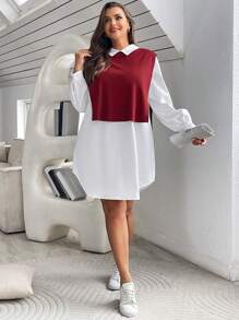 SHEIN Essnce 女裝加大號拼接色塊立領裙 - 紅白色 - 查看 6