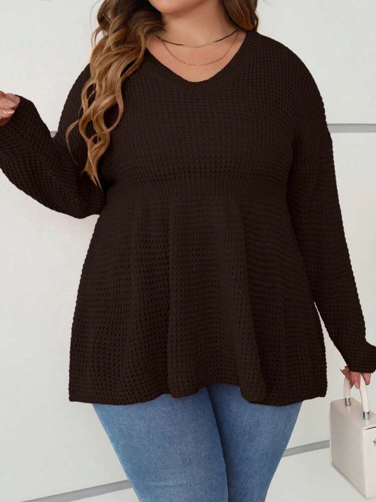 SHEIN CURVE+ 加大尺碼v領毛衣,配有收腰細節 - 咖啡棕 - 查看 5