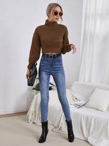 EURMUSE Turtleneck Drop Shoulder Crop Sweater - Camel - View 5