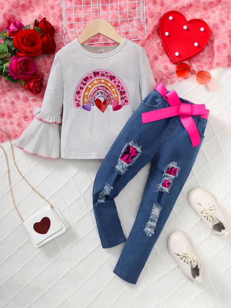 Toddler Girls' Printed Top With Flare Sleeves And Long Denim Jeans Two Piece Outfit For Spring & Autumn