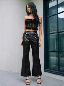 Anewsta Women's Double-Breasted Button Decorated Pu Leather Flared Pants - Black - View 4