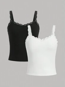 SHEIN Girlism Teen Girl 2pcs Solid Lace Insert Cami Top