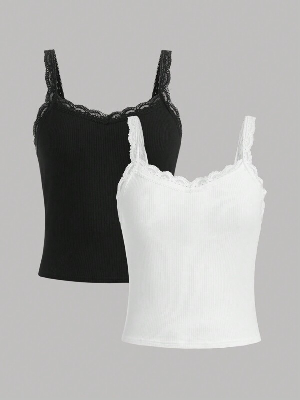 SHEIN Girlism 2 Stücke Cami Top Einfügung Aus Spitze, Solide Jugendlich Mädchen Top
