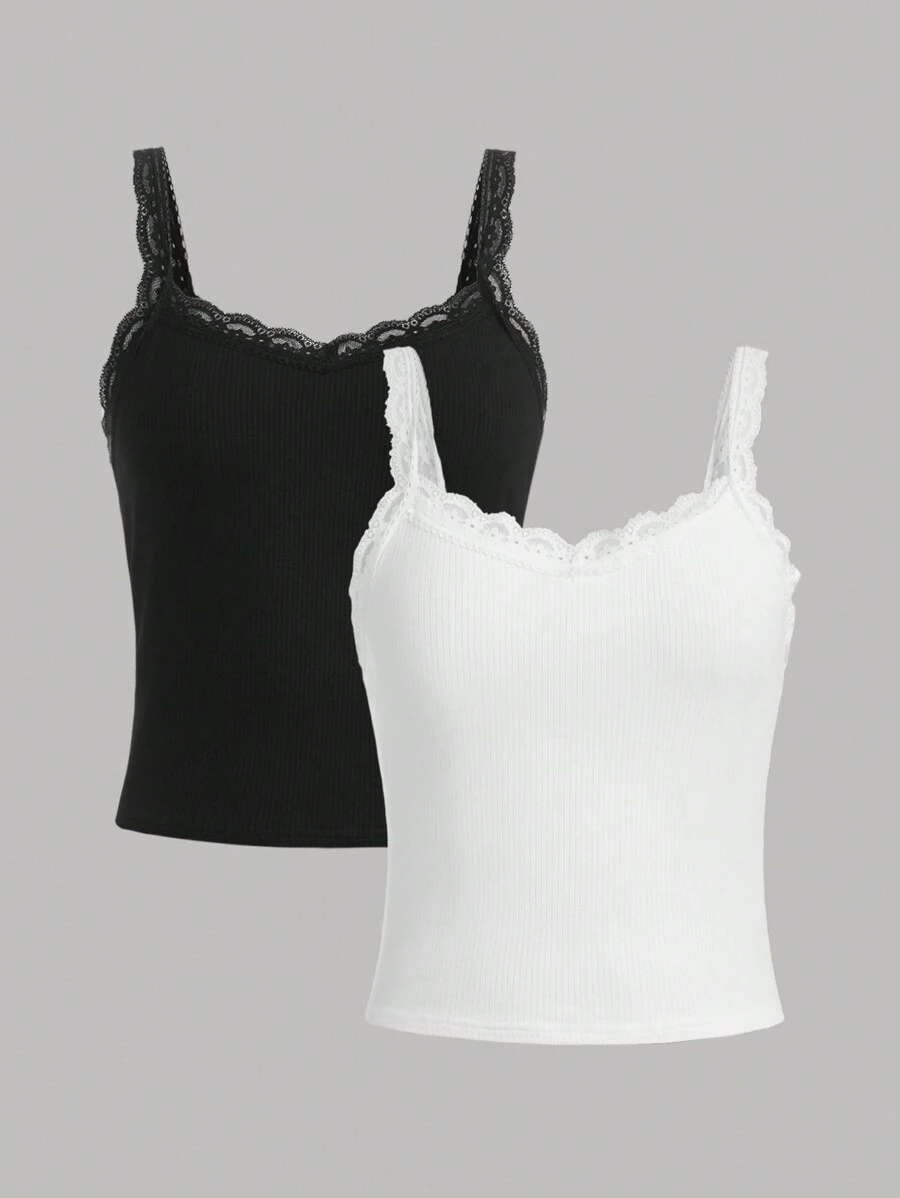 SHEIN Girlism Teen Girl 2pcs Solid Lace Insert Cami Top
