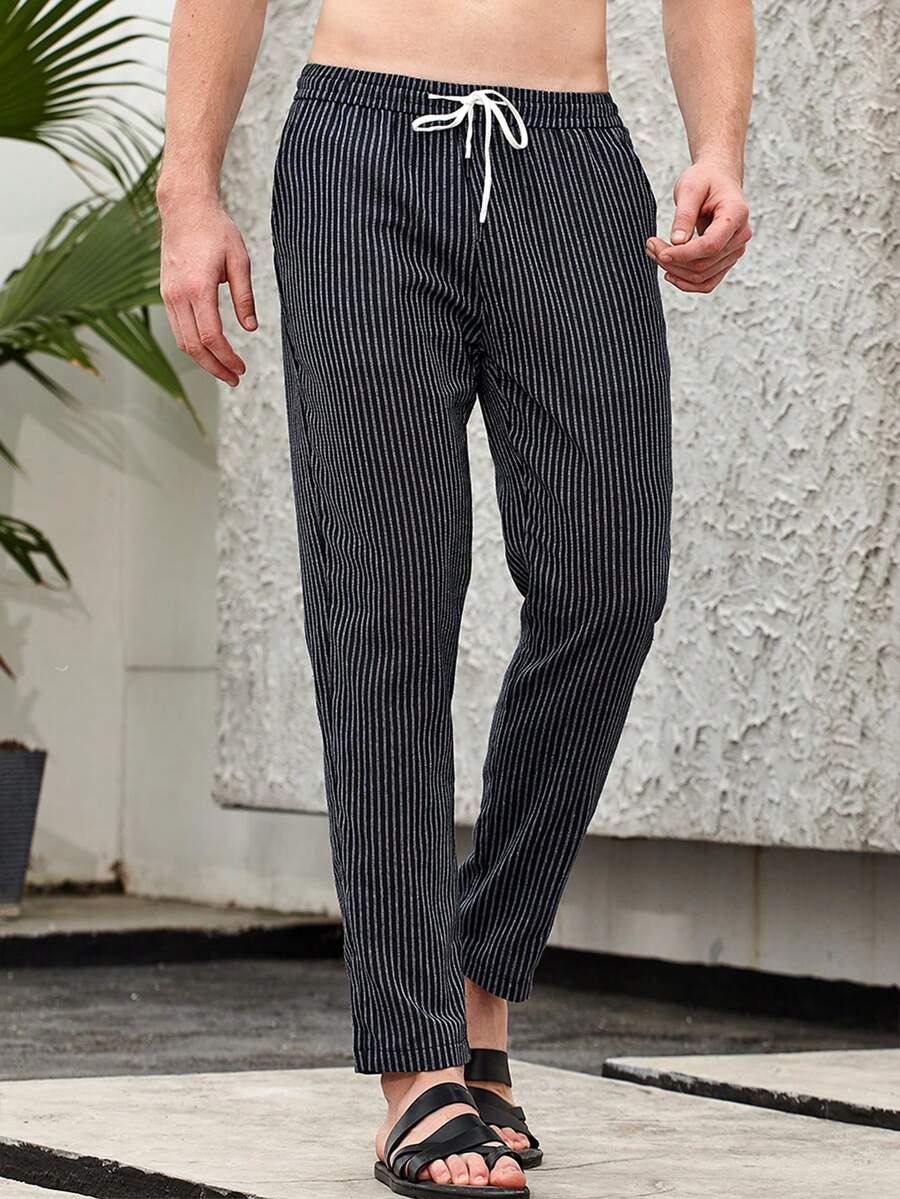 Pantalones A Rayas Con Cintura Con Cordón Para Hombre - azul real - Ver 1