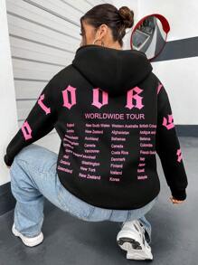 Flirla Của phụ nữ Kích thước lớn In thư Dây rút Áo nỉ có mũ - màu đen - Xem 1