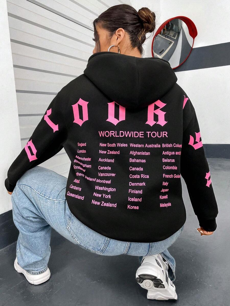 Flirla Của phụ nữ Kích thước lớn In thư Dây rút Áo nỉ có mũ - màu đen - Xem 1