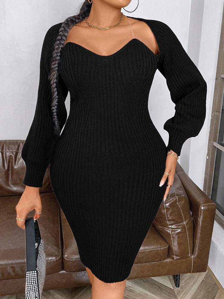 Plus Size Stylish Vertical Stripe Textured Sweater Skirt Suit