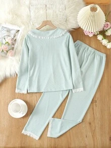 女童条纹纹理面料彼得潘领蕾丝拼接公主家居服套装 - 綠色 - 查看 2