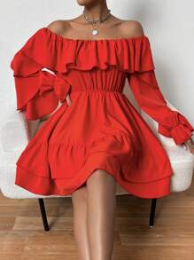 SHEIN Privé 女款露肩荷葉邊下擺連身裙 - 紅色 - 查看 4