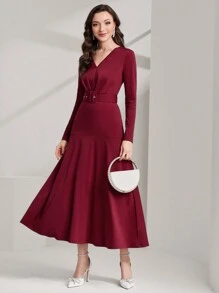 Modelyn Burgundy Red Women's Solid Color V-Neck Waist Cinched A-Line Dress - Burgundy - View 1