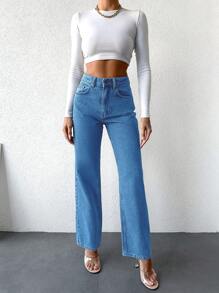 SHEIN PETITE High Waist Straight Leg Jeans - Light Wash - View 4