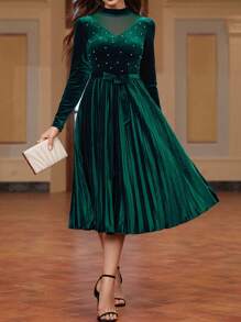 SHEIN Clasi Của phụ nữ Lưới Sợi & Trân châu & Viền xếp & Váy có thắt lưng - màu xanh lá - Xem 2