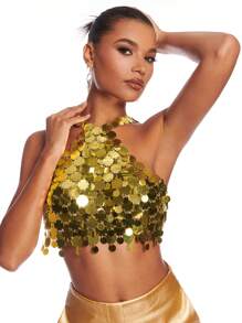 SHEIN BAE 女士鏈條細節露背金屬色亮片領口上衣 - 金色 - 查看 1