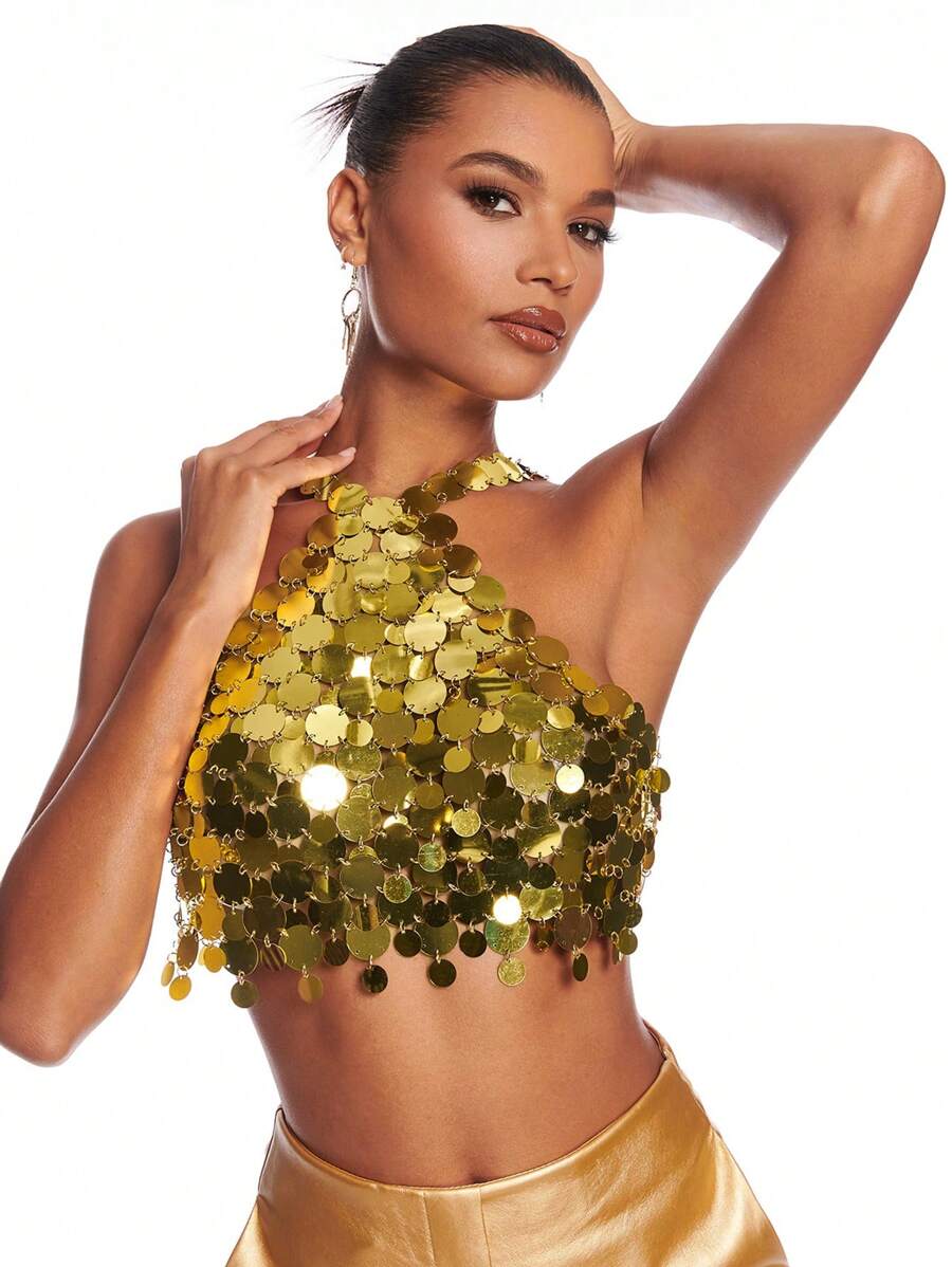 SHEIN BAE 女士鏈條細節露背金屬色亮片領口上衣 - 金色 - 查看 1