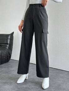 SHEIN Women'S Striped Cargo Suit Pants With Pockets - Grey - View 3