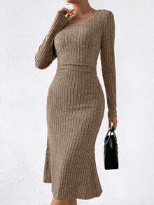 SHEIN Privé Quý cô Sọc Đầm - Màu nâu  Mocha - Xem 4