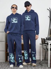 Manfinity VCAY 1 bộ áo nỉ có mũ in hình nhân vật và quần dài cho nam, dành cho mùa thu đông - Xanh đậm - Xem 1