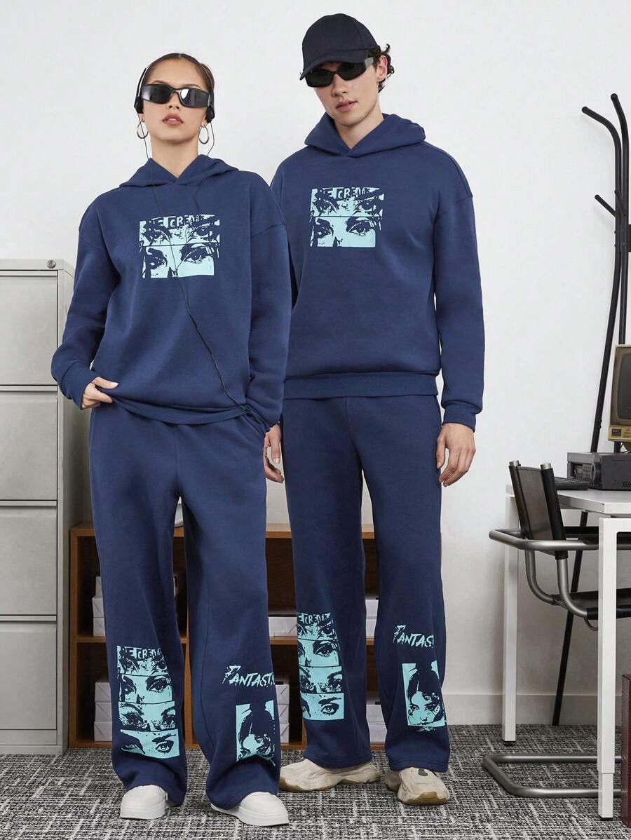 Manfinity VCAY 1 bộ áo nỉ có mũ in hình nhân vật và quần dài cho nam, dành cho mùa thu đông - Xanh đậm - Xem 1