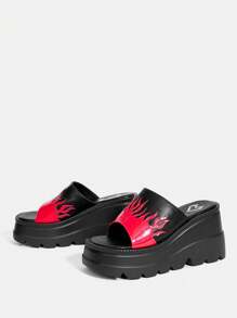 SheIn ICON Zapatillas Slipper De Plataforma Gruesa Con Patrón De Llamas Para Mujeres, Plataforma Impermeable Y Punta Abierta - Multicolor - Ver 6