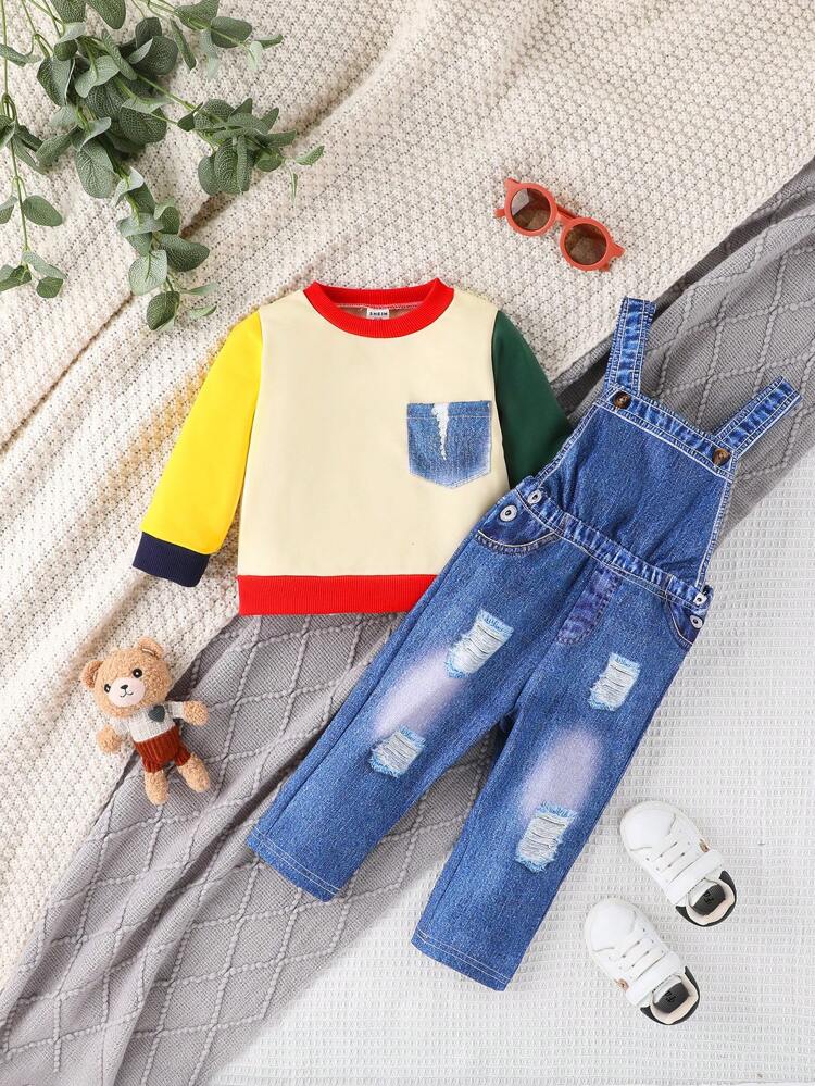 2pcs/Set Baby Boys' Sweatshirt And Denim Effect Digital Printed Overalls, Fashionable And Personalized, For Autumn And Winter
