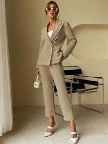 SHEIN BIZwear 女雙排扣西裝外套 - 卡其色 - 查看 6