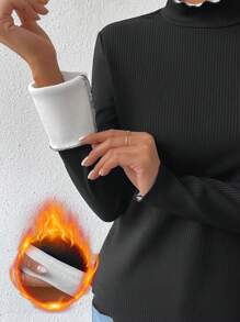 Chiquease Women's Solid Color Vertical Striped T-shirt With Ruffled Neckline - Black - View 6