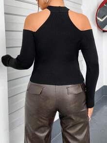 Flirla Của phụ nữ Kích thước lớn Lạnh vai Áo len - màu đen - Xem 2