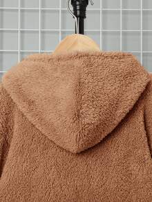 SHEIN Cậu bé Tween Giải trí Vá chữ cái Dây rút áo có mũ Lỏng lẻo phù hợp Áo nỉ - Màu Khaki - Xem 5