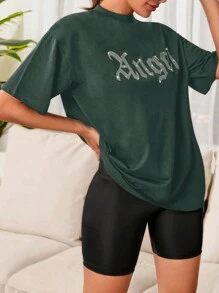 SHEIN Cottnline Rhinestone Letter Decorated Short Sleeve T-shirt - Dark Green - View 3