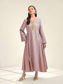 Al Najma 女式缺口领口提花和带子拼接连衣裙，端庄