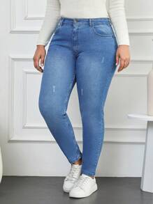 Cloudara Plus Size  High Waist Ripped Skinny Jeans - Blue - View 1